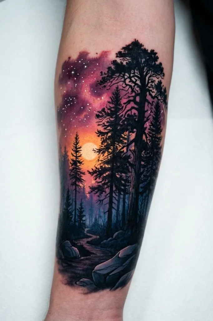 Forest landscape tattoo design for men, illustrative style, on the forearm, with silhouetted pine trees against a vibrant sunset and starry sky, with a river running through