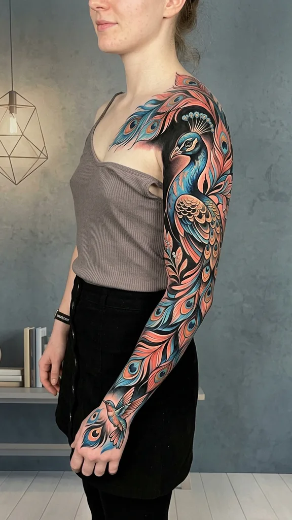 Peacock tattoo design for women, illustrative style, on the full sleeve, in vibrant blue and coral hues with a hummingbird on the wrist