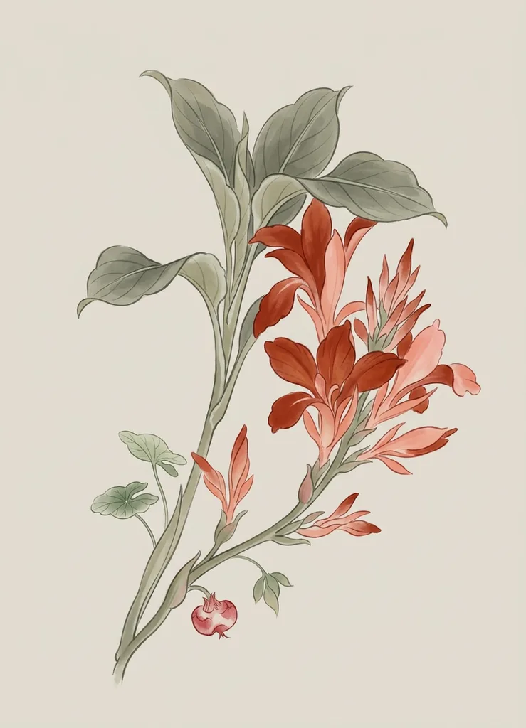 illustrative-large-unisex-canna-lilies-15a Canna lilies tattoo design, illustrative style, large size for the calf, thigh or rib, with large green leaves and a small red seed pod