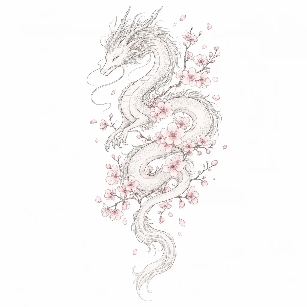 illustrative-large-unisex-dragon-02 Dragon tattoo design, illustrative style, large size for the half sleeve, thigh or back, with a slender body and flowing mane, wrapped around pink cherry blossom branches with falling petals