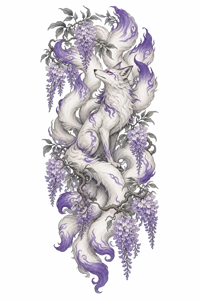 illustrative-large-unisex-kitsune-02 Kitsune tattoo design, illustrative style, large size for the thigh, calf or rib, a white fox with purple markings and nine tails, surrounded by purple wisteria flowers