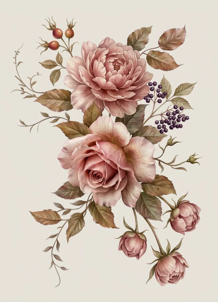 Roses tattoo design for women, illustrative style, large size for the thigh, shoulder or full back, pink roses and rosebuds with berries and leaves
