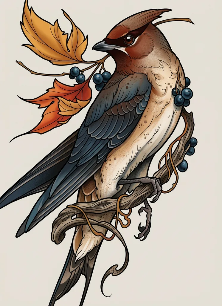 illustrative-medium-unisex-bird-14a Bird tattoo design, illustrative style, medium size for the forearm, calf or thigh, perched on a branch with autumn leaves and berries in its beak and around its body