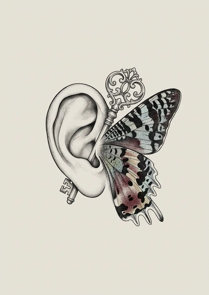 illustrative-medium-unisex-ear-11a Ear tattoo design, illustrative style, medium size for the behind the ear, neck or wrist, with a small key and a butterfly wing