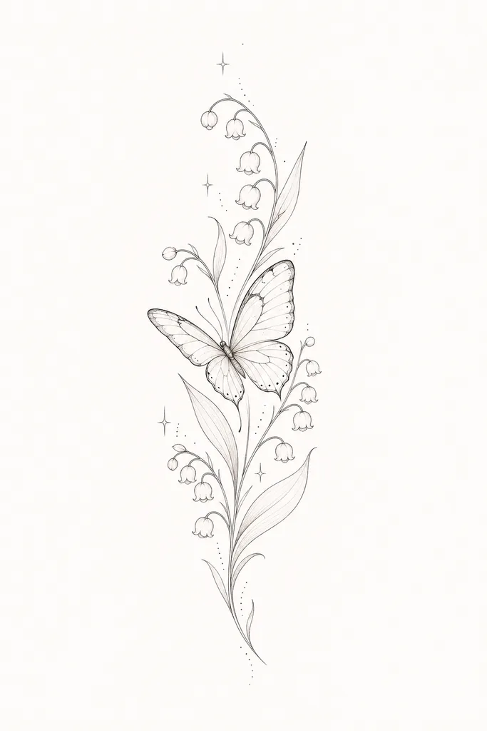 illustrative-medium-unisex-lily-of-the-02 Lily of the tattoo design, illustrative style, medium size for the forearm, calf or thigh, with a butterfly flying among the flowers and scattered stars