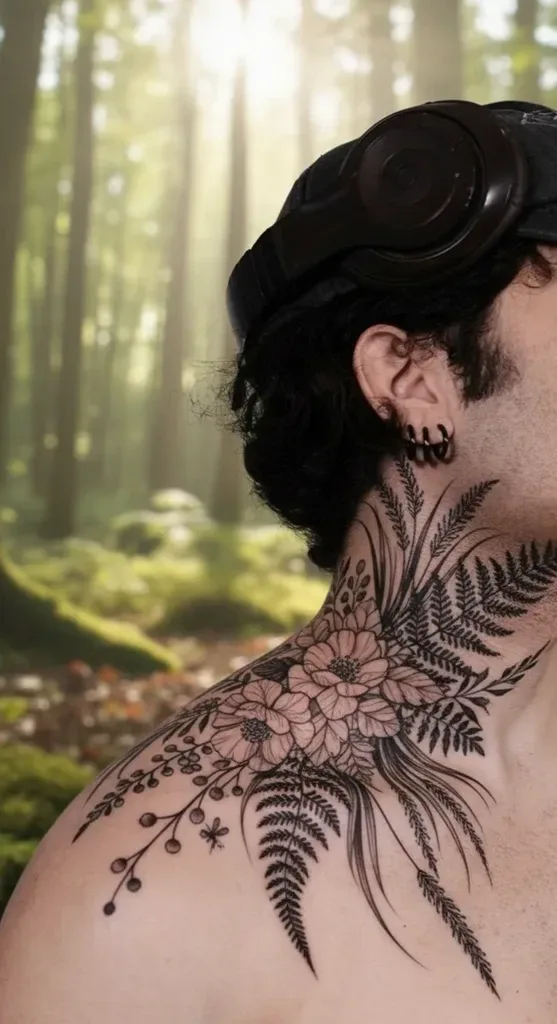 Ferns and flowers tattoo design for men, illustrative style, on the neck, in black and grey, with berries and small leaves