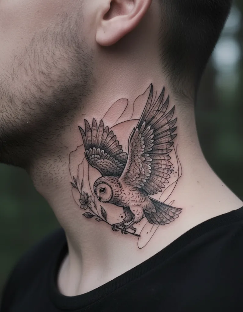Owl tattoo design for men, illustrative style, on the neck, with outstretched wings and a small flower branch in its talons