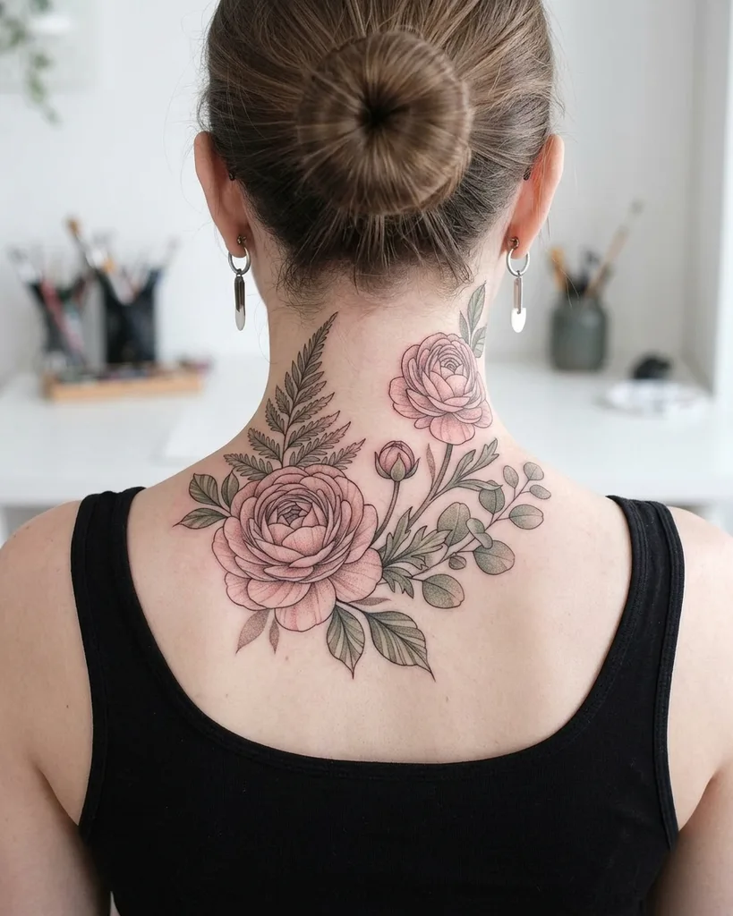 Flowers tattoo design for women, illustrative style, on the neck, with pink roses and green foliage extending from the back of the neck to the upper back