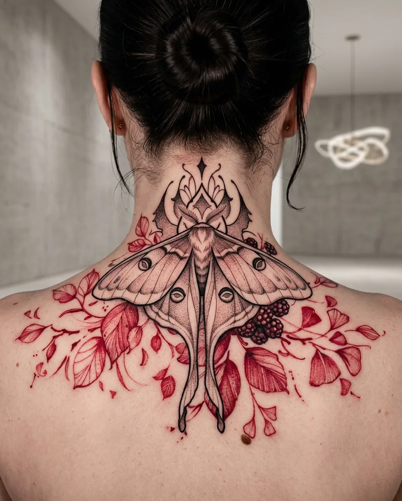 Moth tattoo design for women, illustrative style, on the neck, with a decorative headpiece and red leaves