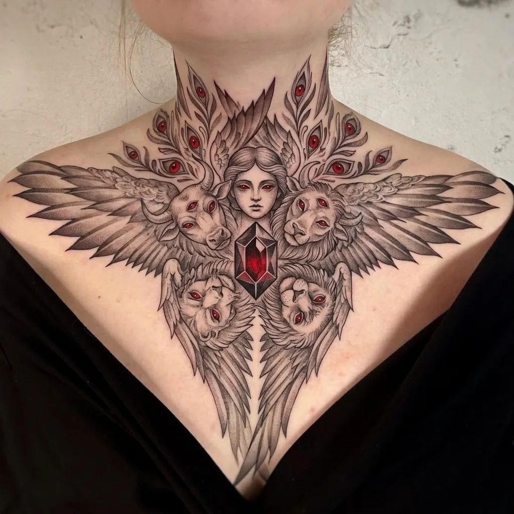 Winged goddess tattoo design for women, illustrative style, on the neck, with animal heads and many eyes, holding a red gemstone