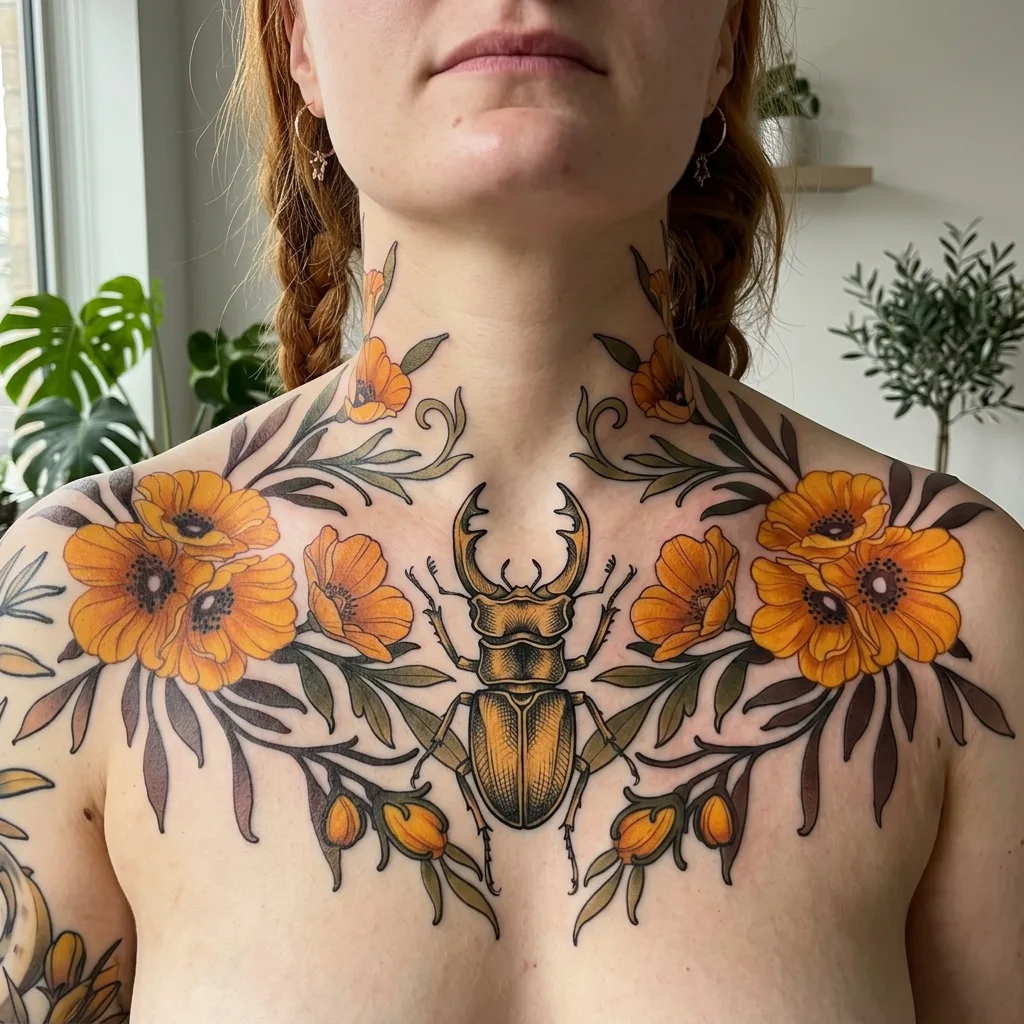 Stag beetle tattoo design for women, illustrative style, on the sternum, centered on chest with yellow flowers and green leaves, extending to shoulders and neck