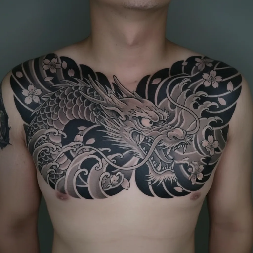 japanese-chest-men-dragon-09a Dragon tattoo design for men, Japanese traditional style, on the full chest, with waves and cherry blossoms in black and grey ink