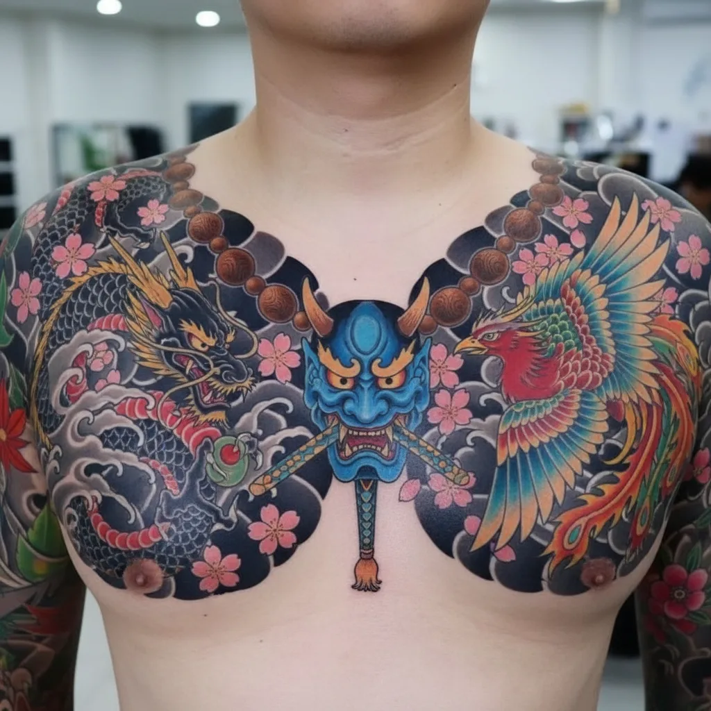 japanese-chest-men-hannya-mask-01a Hannya mask tattoo design for men, Japanese traditional style, on the full chest, with a blue mask flanked by a dragon and phoenix, surrounded by cherry blossoms and prayer beads