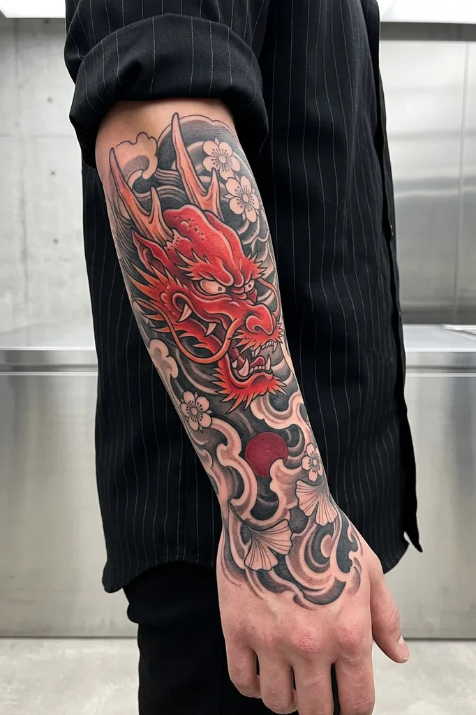 Dragon tattoo design for men, Japanese traditional style, on the forearm, in red with black and grey clouds and white flowers