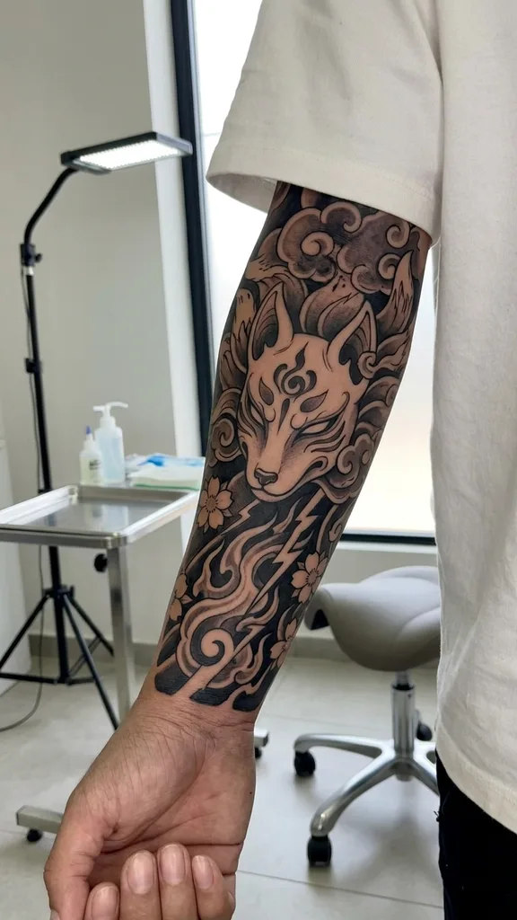 Kitsune mask tattoo design for men, Japanese traditional style, on the forearm, with lightning bolts and cherry blossoms, surrounded by clouds