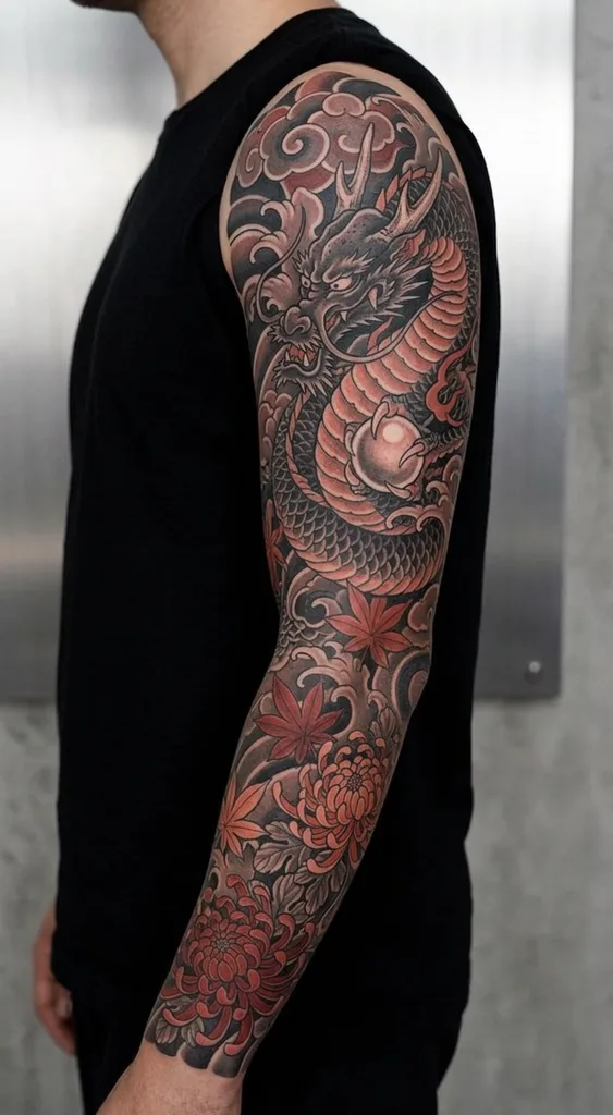 Dragon tattoo design for men, Japanese style, on the full sleeve, with red scales and a white orb, with maple leaves and chrysanthemums
