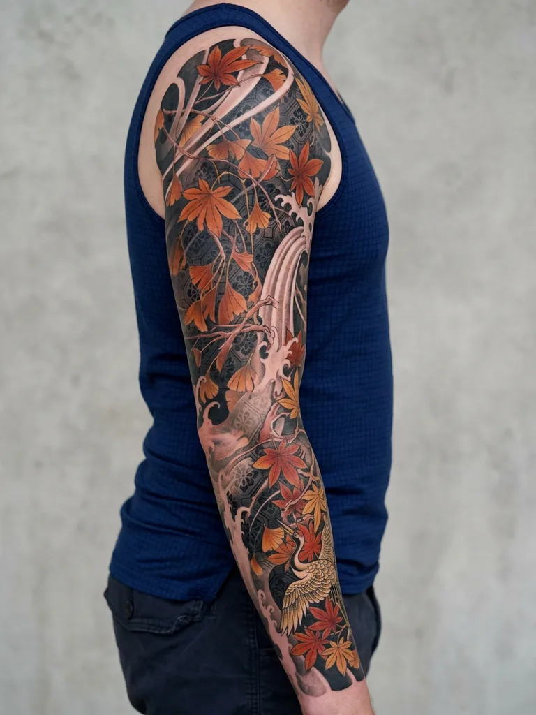 Maple leaves tattoo design for men, Japanese style, on the full sleeve, in warm autumn colors, with a flying crane and waterfall