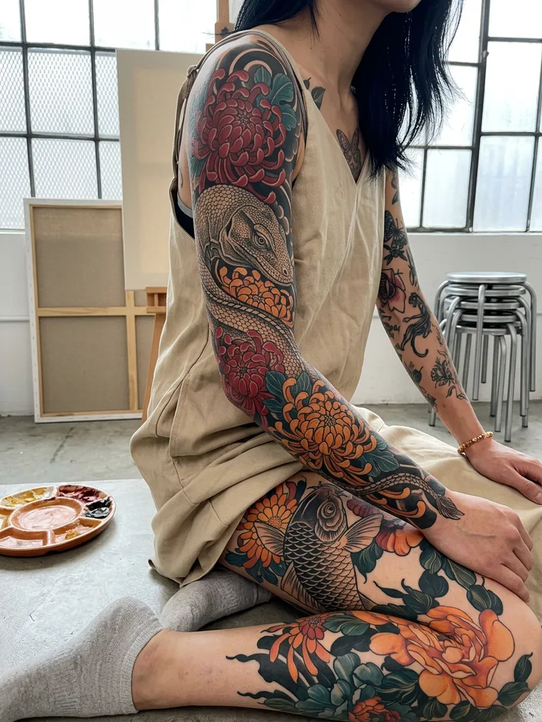 Chrysanthemum snake tattoo design for women, Japanese style, on the full sleeve, with a large snake and koi fish across the arm and leg