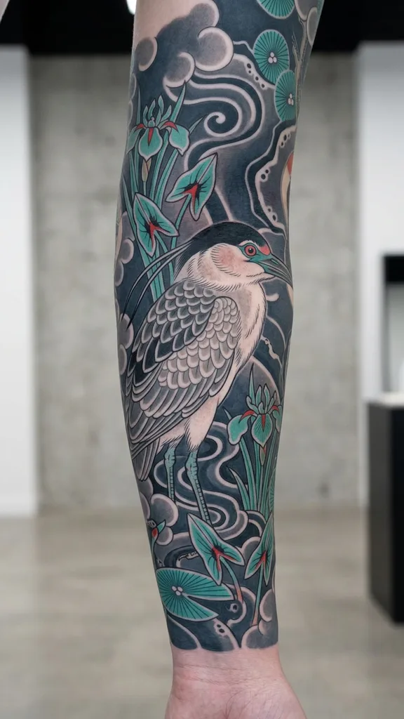 Crane bird tattoo design for men, Japanese style, on the half sleeve, standing on water with irises, lily pads, and dark clouds in the background
