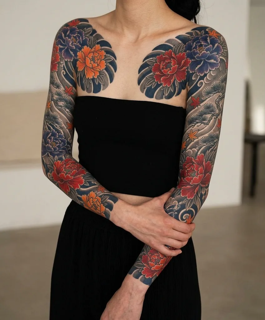 Peony flowers tattoo design for women, Japanese style, on the half sleeve, in red, orange, and purple with leaves and swirls across both arms and shoulders