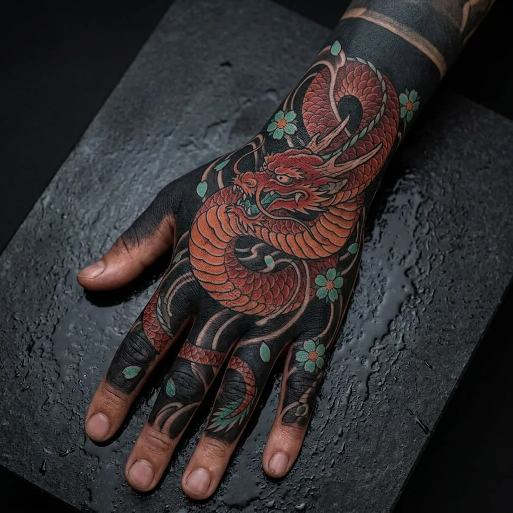 Dragon tattoo design for men, Japanese style, on the hand, red dragon with green flowers on a black background, covering the back of the hand