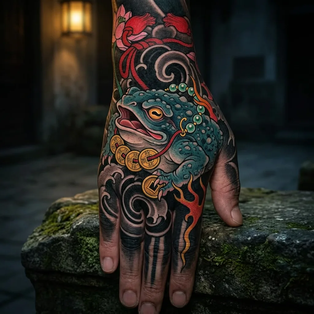 Frog tattoo design for men, Japanese style, on the hand, on a hand, with gold coins and red lotus flowers