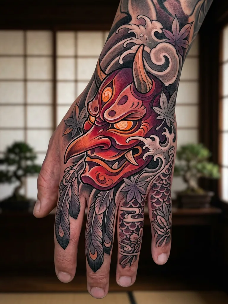 Hannya mask tattoo design for men, Japanese style, on the hand, with glowing orange eyes and gray waves, surrounded by maple leaves and feathers