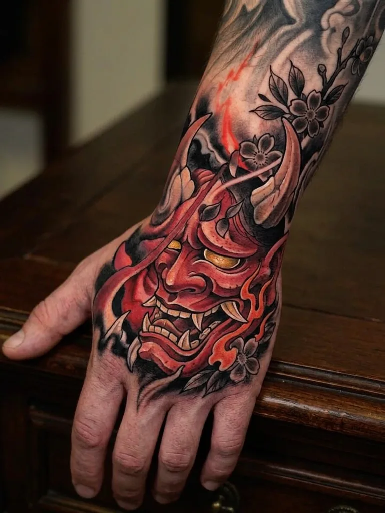 Hannya mask tattoo design for men, Japanese style, on the hand, large red mask with yellow eyes and open mouth, surrounded by black and gray cherry blossoms and flames