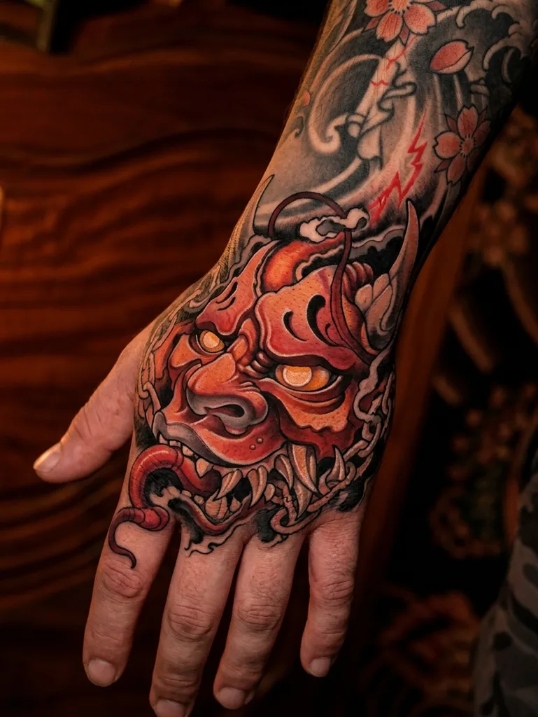 Oni mask tattoo design for men, Japanese style, on the hand, in red and orange with yellow eyes, extending onto the wrist with grey waves and pink cherry blossoms