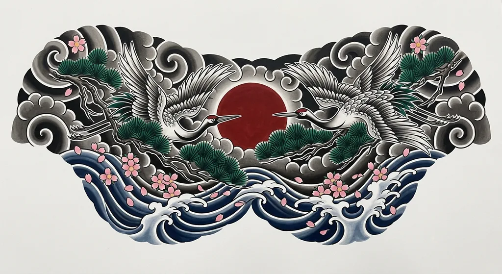 japanese-large-unisex-crane Crane tattoo design for unisex, Japanese style, large size for the back, chest or rib, two cranes flying over waves with pine branches and cherry blossoms, centered around a red sun