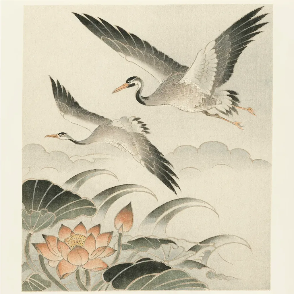 japanese-large-unisex-cranes-16 Cranes tattoo design, Japanese style, large size for the full sleeve, back or thigh, two cranes flying over lotus flowers and stylized waves, in shades of gray and peach