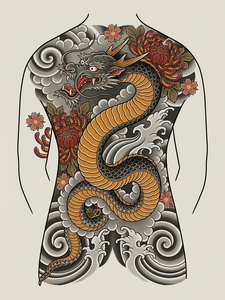japanese-large-unisex-dragon-18a Dragon tattoo design, Japanese style, large size for the back, with a fierce dragon in orange and black scales, surrounded by waves and chrysanthemums
