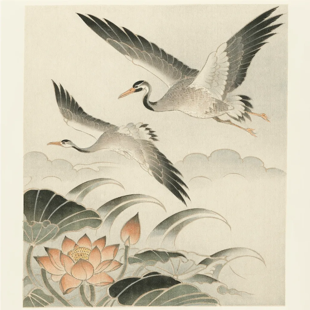 japanese-large-unisex-flying-cranes Flying cranes tattoo design for unisex, Japanese style, large size for the back, full sleeve or thigh, depicting two grey cranes flying over lotus flowers and swirling water in a detailed print