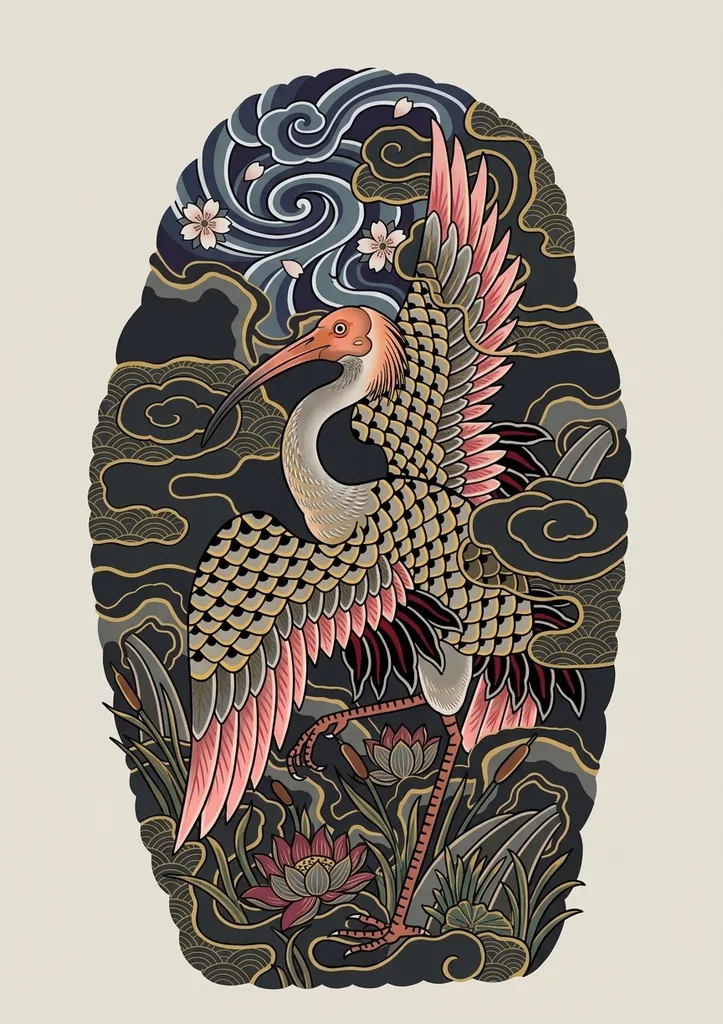 japanese-large-unisex-ibis-17a Ibis tattoo design, Japanese style, large size for the back, thigh or rib, with pink feathers and lotus flowers, surrounded by dark clouds and cherry blossoms