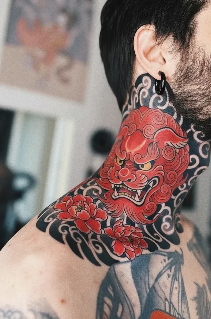 Foo dog tattoo design for men, Japanese traditional style, on the neck, with bright red coloring and peonies surrounded by black waves