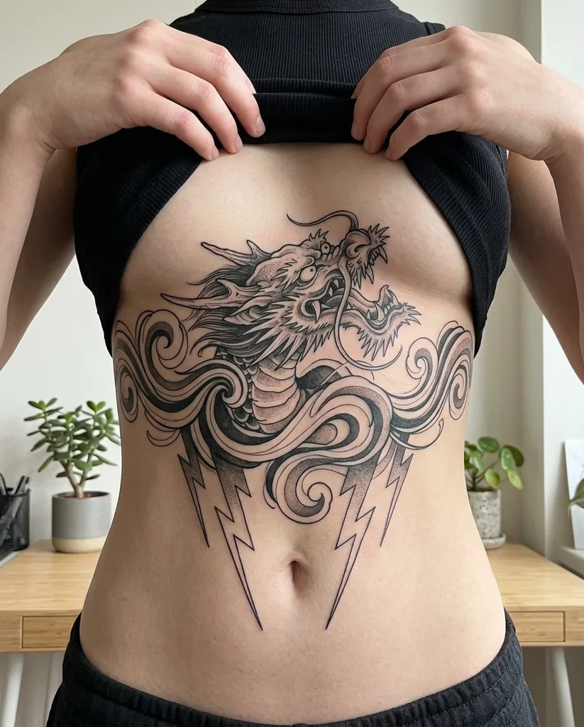 Dragon tattoo design for women, Japanese style, on the sternum, with a roaring head and flowing waves across the sternum, with lightning bolts