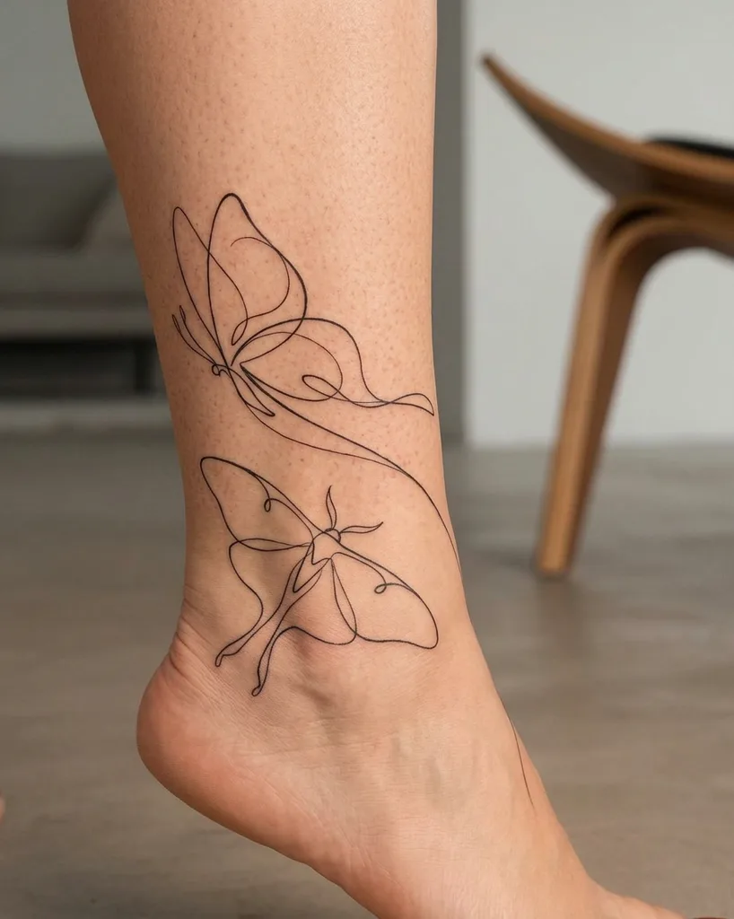 Butterflies tattoo design for women, minimalist style, on the ankle, with two continuous line butterflies in black ink