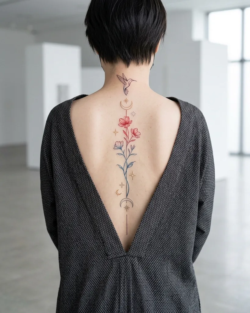 Hummingbird and flowers tattoo design for women, minimalist style, on the back, running down the spine with a hummingbird at the neck, and celestial elements