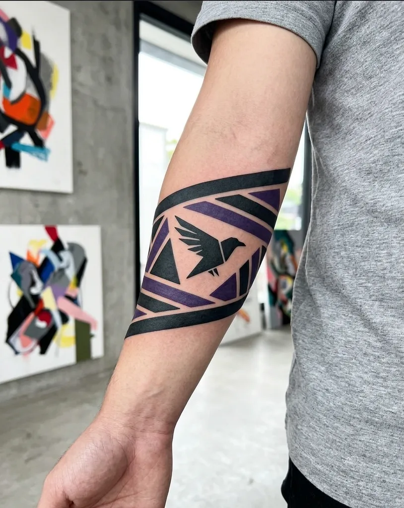 Bird tattoo design for men, minimalist style, on the forearm, with a flying bird silhouette in black and purple, forming an armband