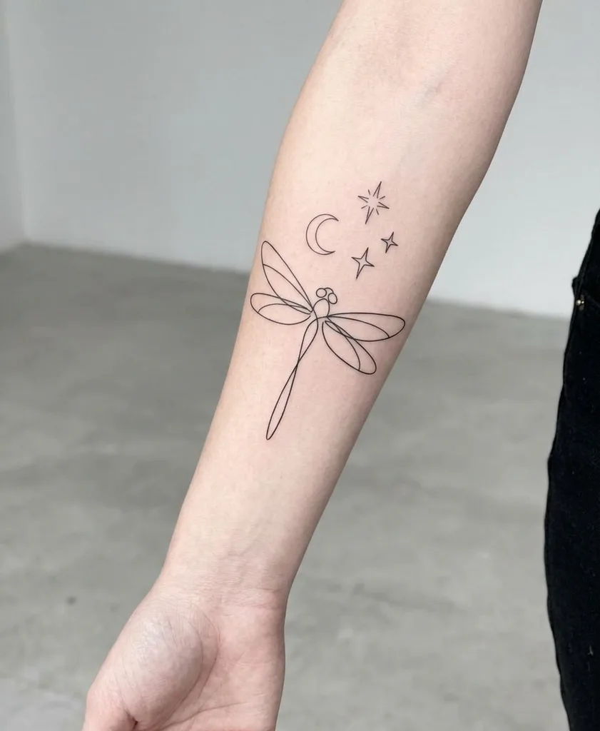 Dragonfly tattoo design, minimalist style, on the forearm, outlined in a single continuous line, with a moon and stars above