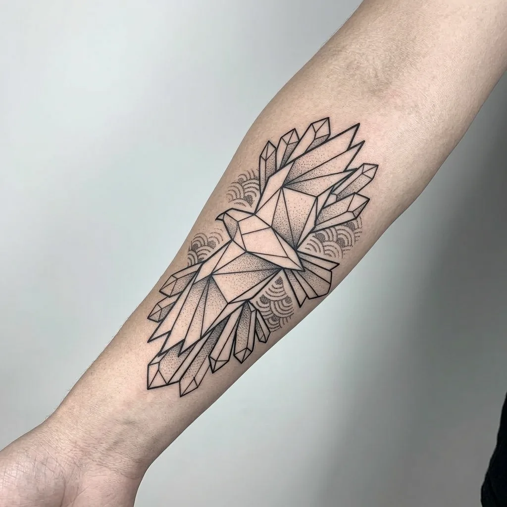 Geometric bird tattoo design, minimalist style, on the forearm, with crystal wings and dotwork shading on the body