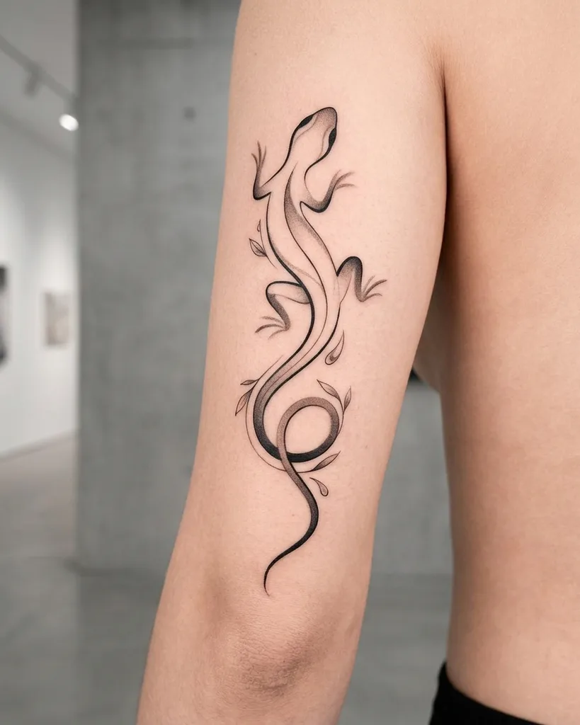 Lizard tattoo design for women, minimalist style, on the forearm, with a stylized body and tail ending in a curl, with a few delicate leaves