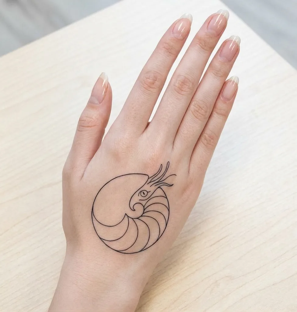 Nautilus shell tattoo design for women, minimalist style, on the hand, drawn with simple, thin black lines