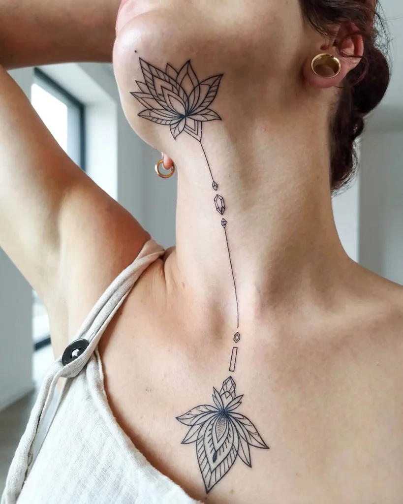 Lotus flower tattoo design for women, minimalist style, on the neck, with two stylized lotus flowers connected by a string of small beads and crystals