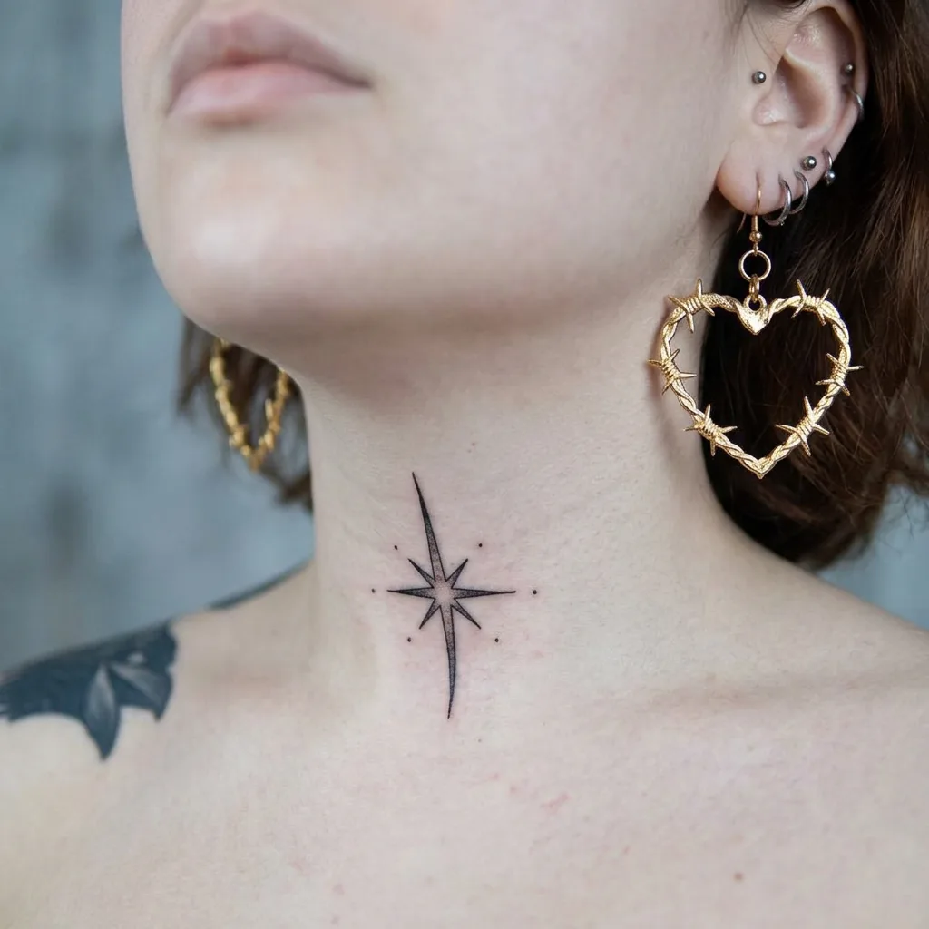 Star tattoo design for women, minimalist style, on the neck, with four long rays and several dots around it, on a pale skin tone