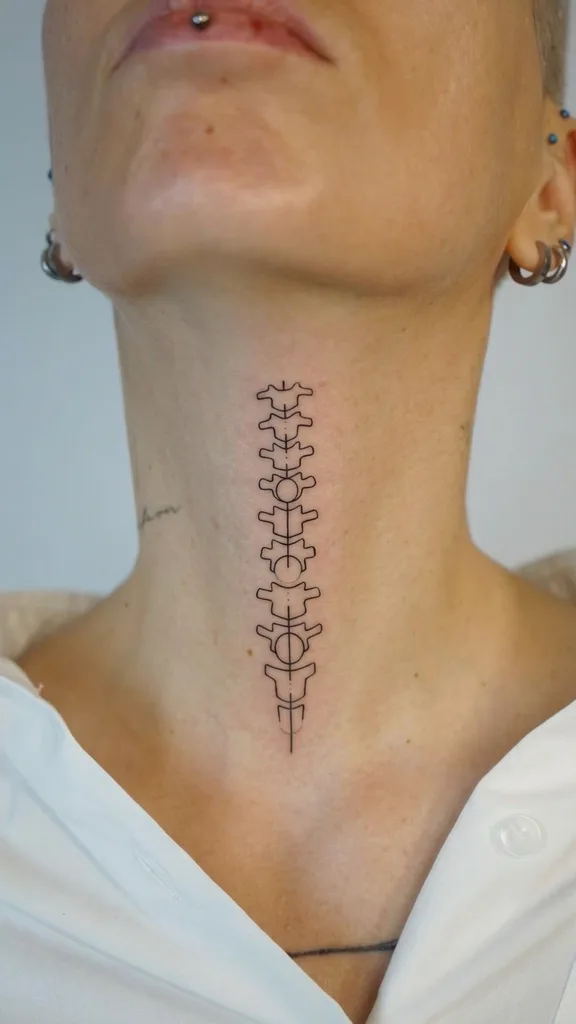 Vertebrae tattoo design for women, minimalist style, on the neck, in a minimalist line art style, going down the front of the neck