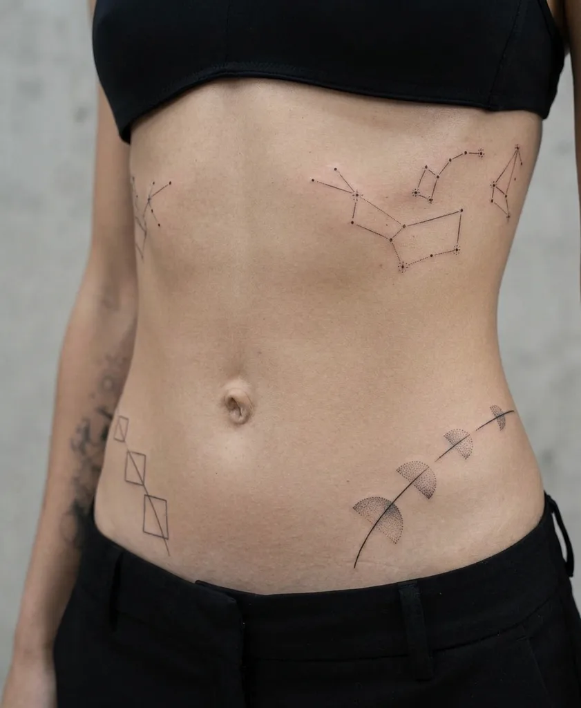Constellations tattoo design for women, minimalist style, on the rib, with geometric shapes and crescent moons across the torso