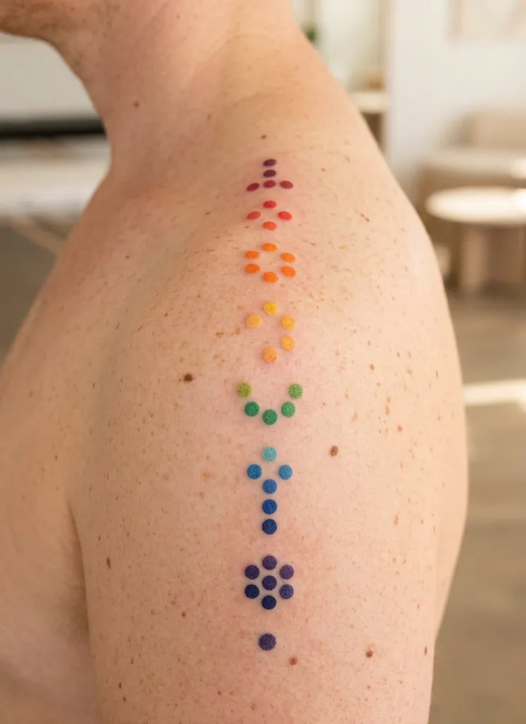 Dot pattern tattoo design for unisex, minimalist style, on the shoulder, in a vertical line of colorful dots, ranging from red to purple