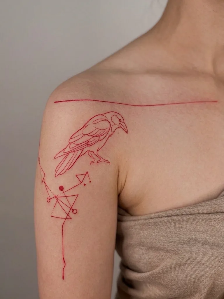 Raven tattoo design for women, minimalist style, on the shoulder, in red ink with geometric elements and a straight line