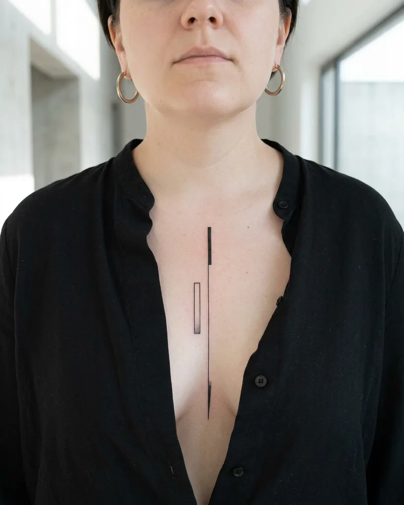 Abstract lines tattoo design for women, minimalist style, on the sternum, with a long vertical line running down the sternum and a rectangle to the left